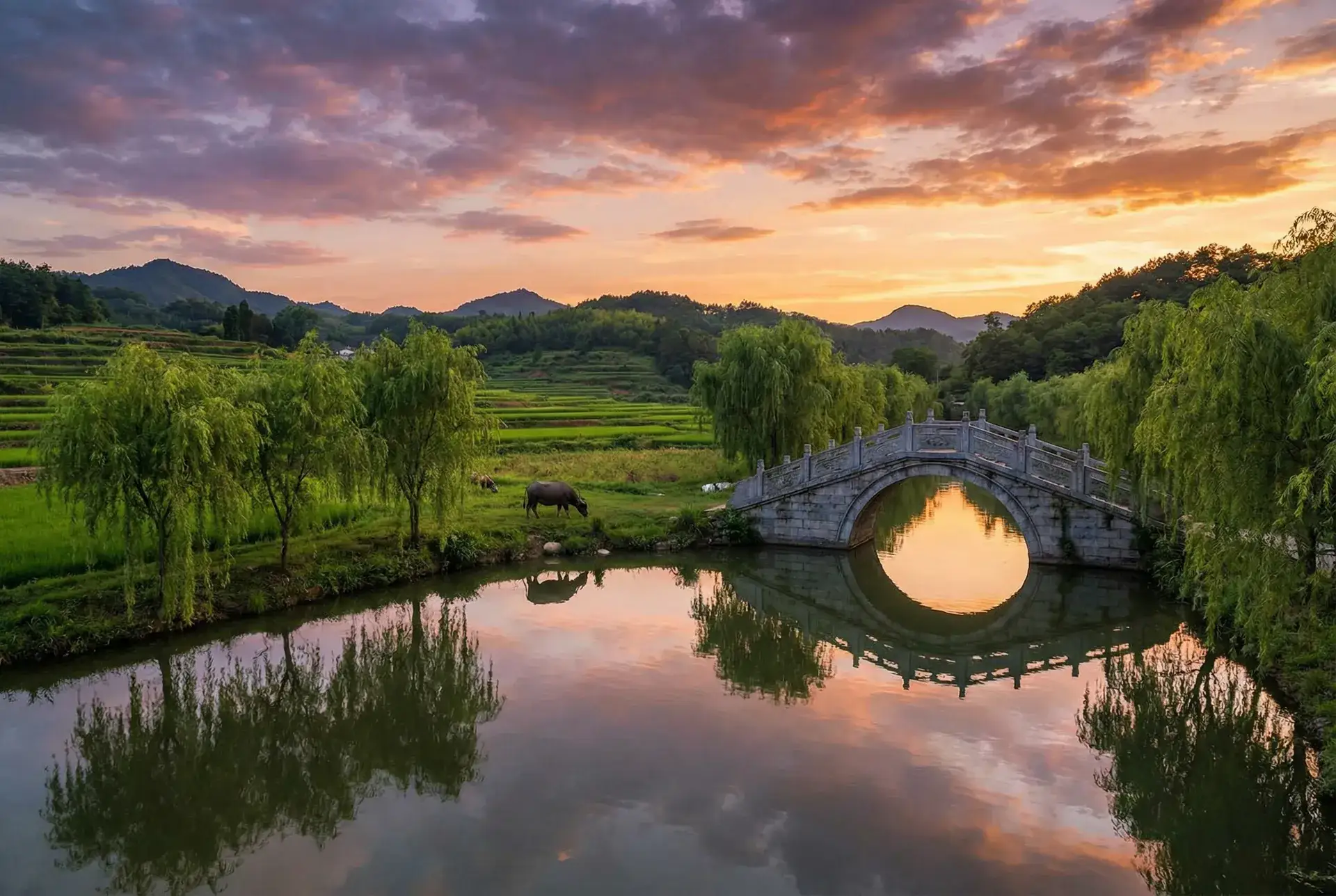 夕阳下的石拱桥与垂柳，水牛在河边吃草 - RUN AWAY韩国动漫无删减 乡村美景